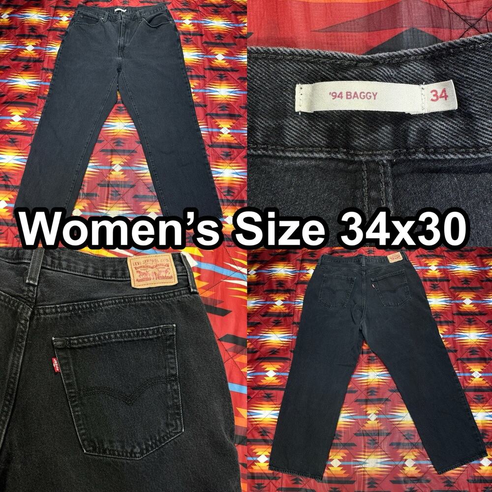Levi's '94 BAGGY Black Jeans Women’s Size 34x30 Relaxed Straight Denim Zip Fly